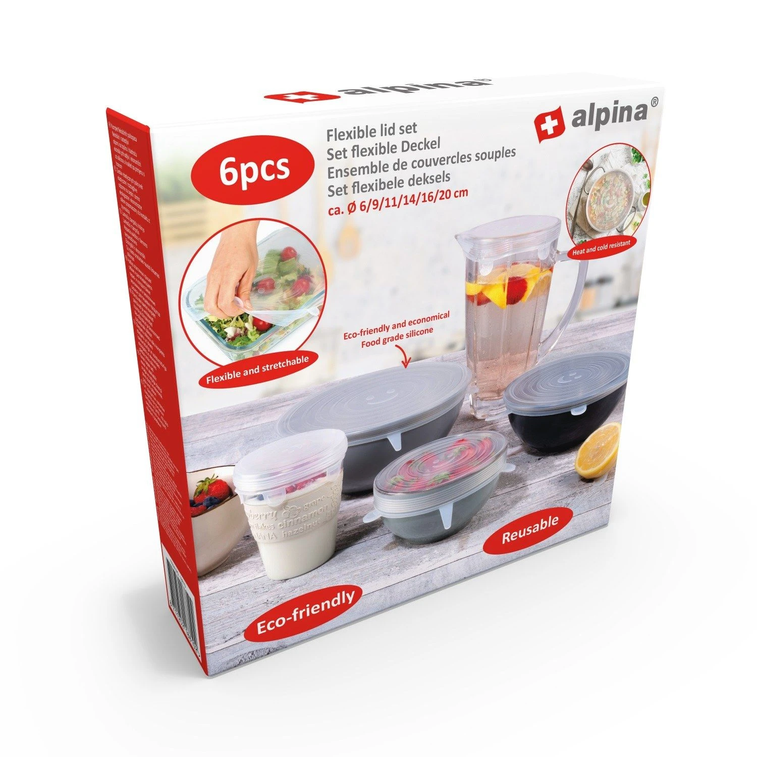 Alpina Herbruikbare Siliconen Deksels 6 Stuks Diameter 6/9/11/14/16/20 Cm 2 Alpina Herbruikbare Siliconen Deksels 6 Stuks Diameter 6/9/11/14/16/20 Cm - Afbeelding 2